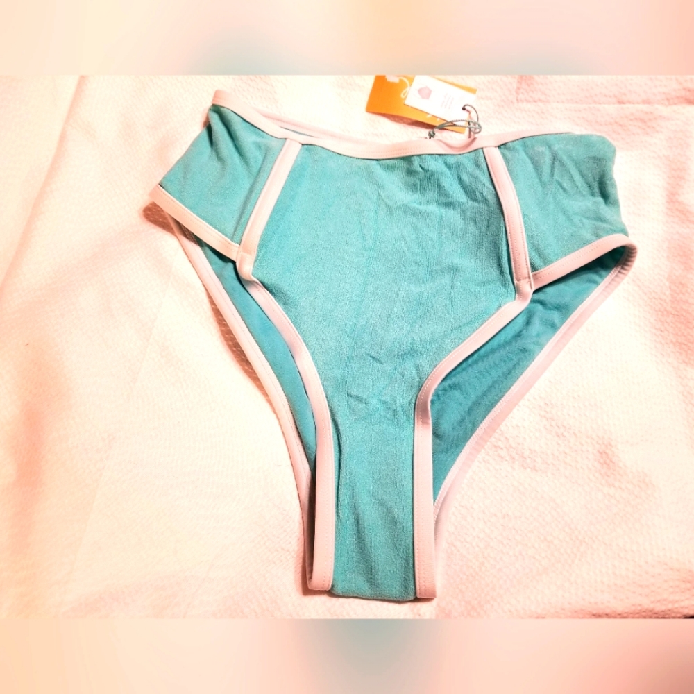 NWT TURQUOISE AND WHITE HIGH WAISTED MEDIUM COVERAGE BIKINI BOTTOM SWIM …